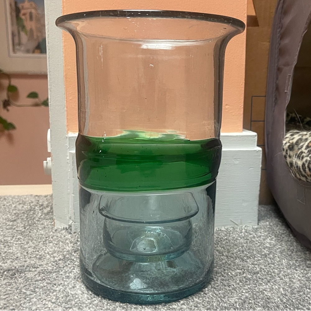 Blown Glass Hurricane Pillar Candle Holder - Clear Glass with Interior Holder 9”